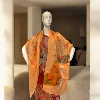 Khăn gai dài màu cam vẽ tay hình phố cổ 70*190cm